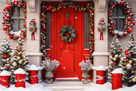 fondo para fotografia navidad puerta roja decorada nieve